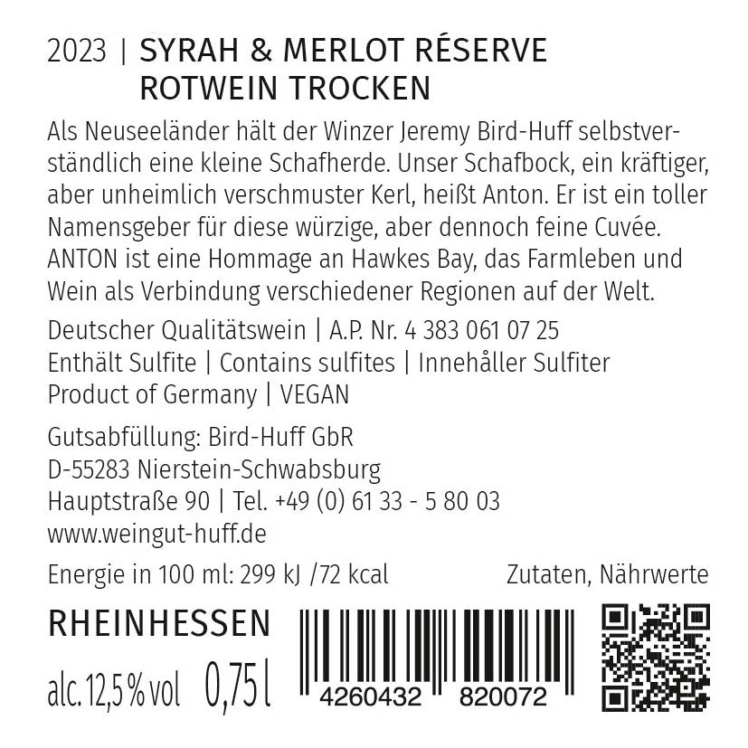 2023 ANTON Syrah & Merlot Réserve Rotwein trocken - kräftig und würzig