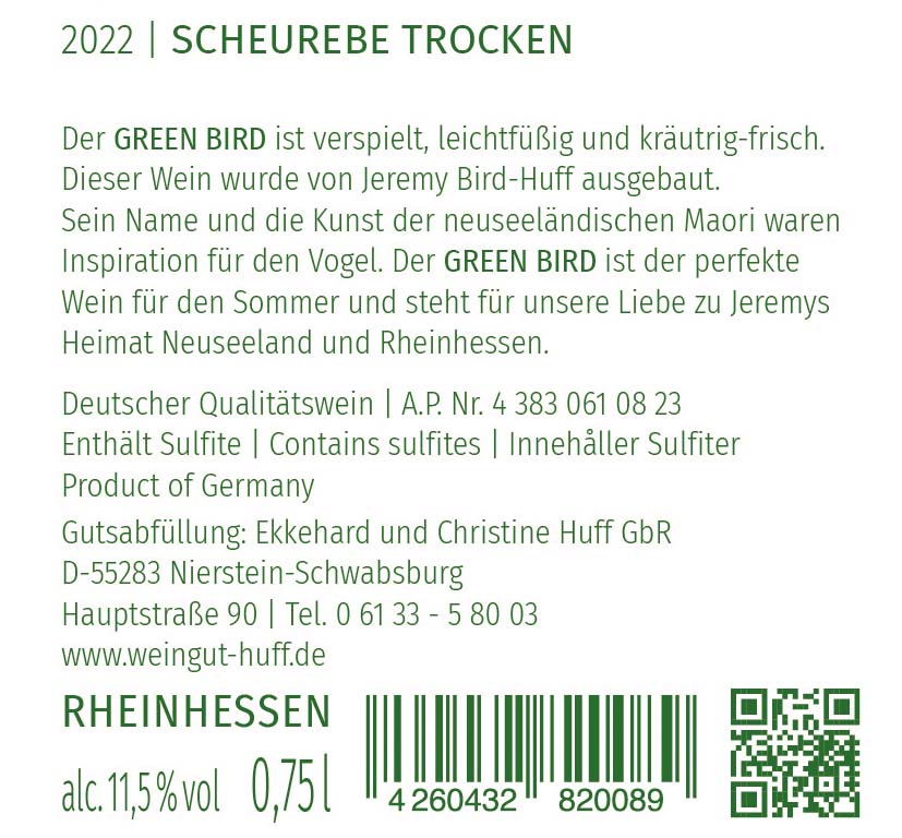 2022 GREEN BIRD Scheurebe trocken Nr.2208 - 90 Punkte bei jamessuckling.com
